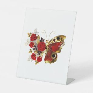 Red flower butterfly with red roses pedestal sign