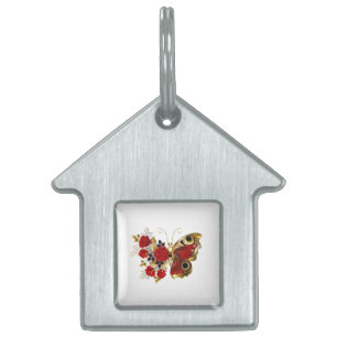 Red flower butterfly with red roses pet ID tag