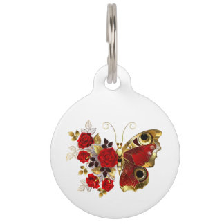 Red flower butterfly with red roses pet tag