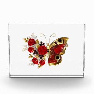Red flower butterfly with red roses photo block