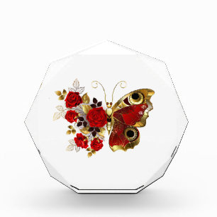 Red flower butterfly with red roses photo block