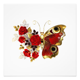 Red flower butterfly with red roses photo print
