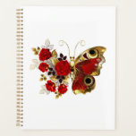 Red flower butterfly with red roses planner<br><div class="desc">Red peacock eyed flower butterfly with red textured wing,  decorated with composition of red,  artistically painted roses with golden stems and leaves on white background.</div>