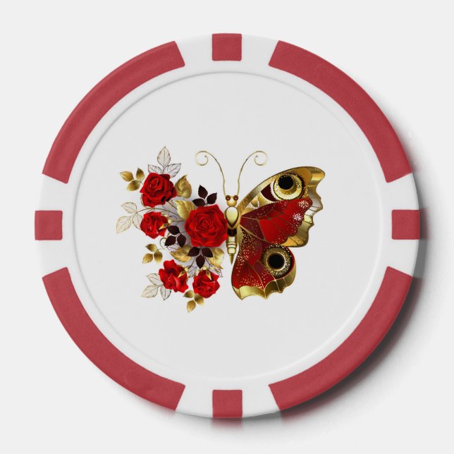 Red flower butterfly with red roses poker chips (Front)