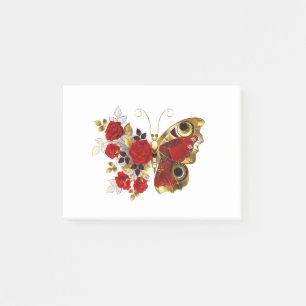 Red flower butterfly with red roses post-it notes