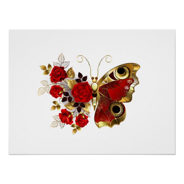Red flower butterfly with red roses poster (Front)