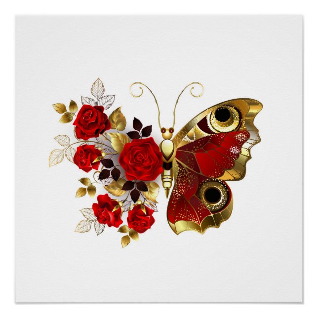 Red flower butterfly with red roses poster (Front)