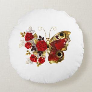 Red flower butterfly with red roses round cushion