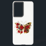 Red flower butterfly with red roses samsung galaxy case<br><div class="desc">Red peacock eyed flower butterfly with red textured wing,  decorated with composition of red,  artistically painted roses with golden stems and leaves on white background.</div>