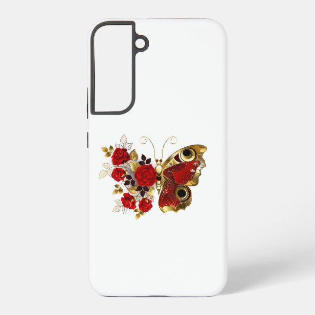 Red flower butterfly with red roses samsung galaxy s22+ case (Back)