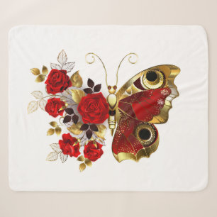 Red flower butterfly with red roses sherpa blanket