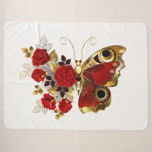 Red flower butterfly with red roses sherpa blanket