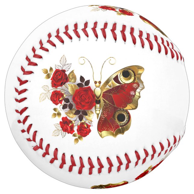 Red flower butterfly with red roses softball (Front Left)