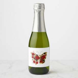 Red flower butterfly with red roses sparkling wine label