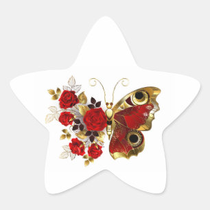 Red flower butterfly with red roses star sticker