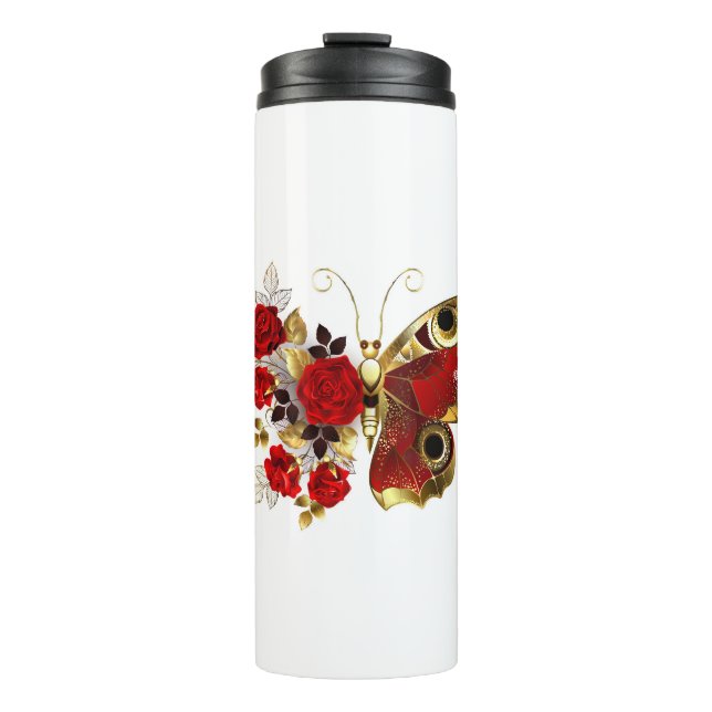 Red flower butterfly with red roses thermal tumbler (Front)