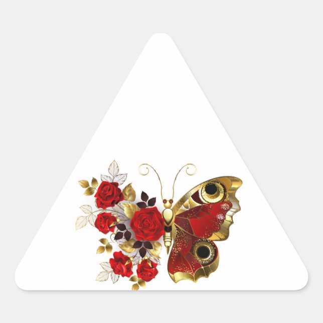 Red flower butterfly with red roses triangle sticker (Front)