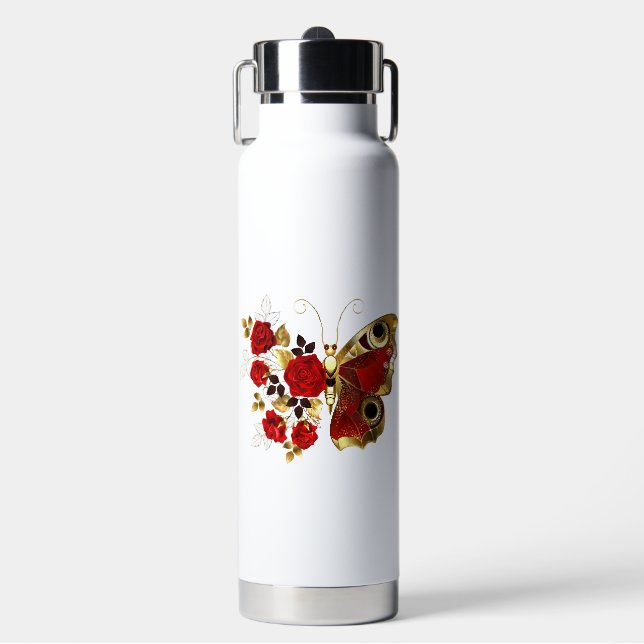 Red flower butterfly with red roses water bottle (Front)
