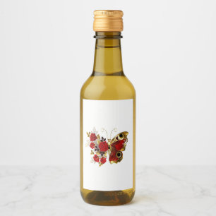 Red flower butterfly with red roses wine label