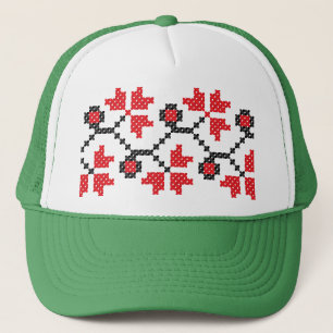 Red flower cross-stitch design trucker hat