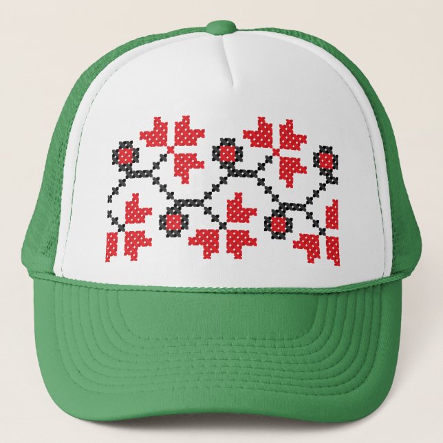 Red flower cross-stitch design trucker hat (Front)