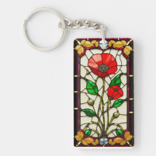 Red Flower Elegant Stained Glass Art Key Ring