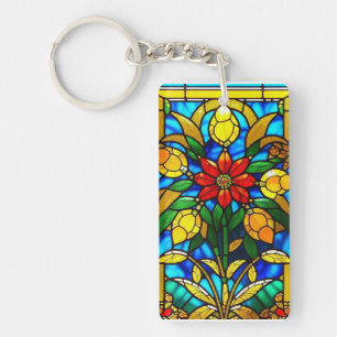Red Flower Elegant Stained Glass Art Key Ring