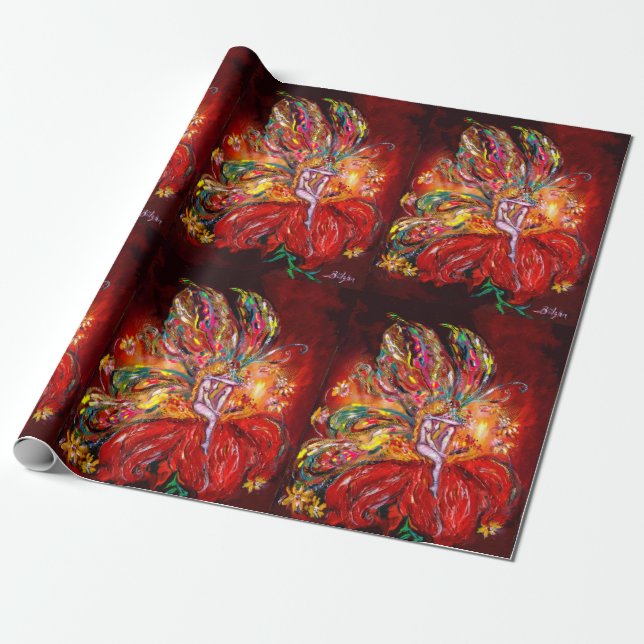 RED FLOWER FAIRY  Fantasy Wrapping Paper (Unrolled)