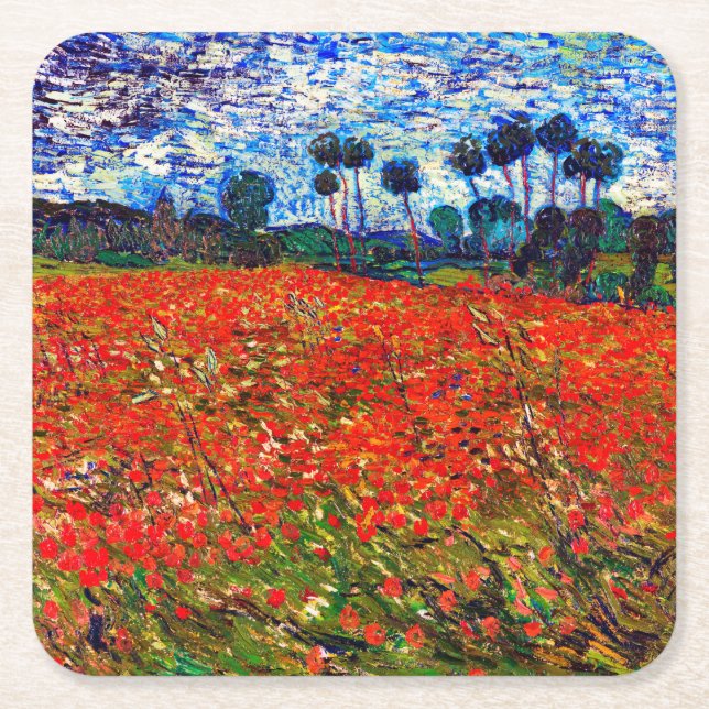 Red Flower Field, Van Gogh Square Paper Coaster (Front)