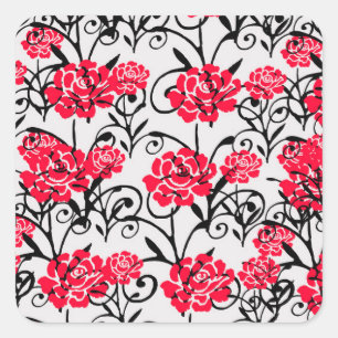 Red Flower Floral Illustration Pattern Design Square Sticker