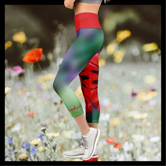 Red Flower Floral Personalised Name Capri Leggings (Creator Uploaded)