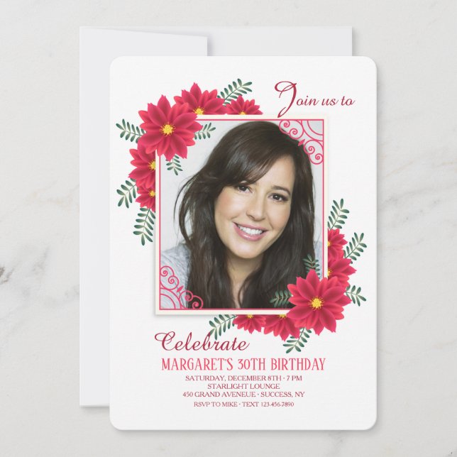 Red Flower Frame Photo Invitation (Front)