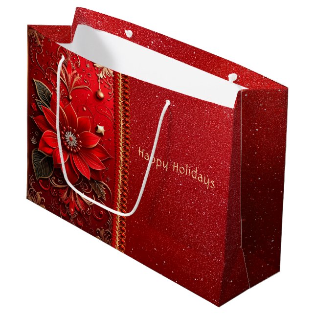 Red Flower Holiday Gift Bag (Front Angled)