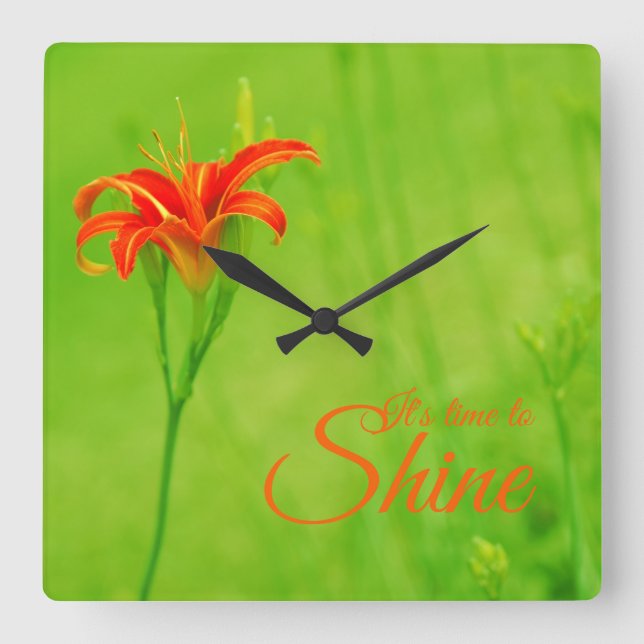 Red Flower  "It's time to shine" Square Wall Clock (Front)