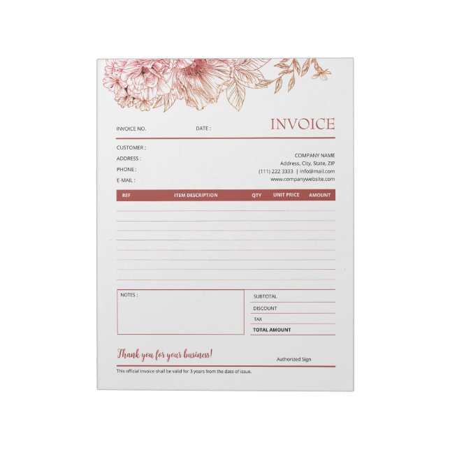 Red Flower Line Art Small Business Invoice Forms Notepad (Rotated)