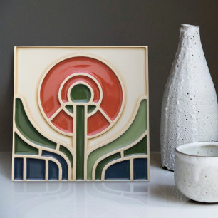 Red Flower Mid-Century Symmetry Arts and Crafts Ceramic Tile