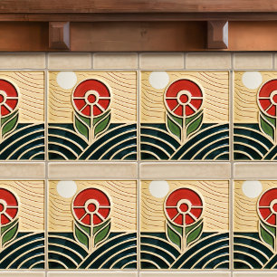 Red Flower Mid-Century Symmetry Arts and Crafts Ceramic Tile