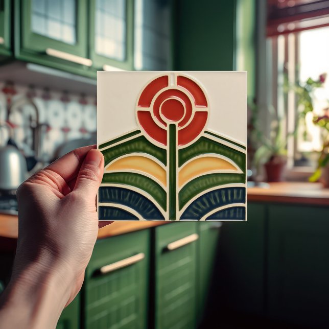 Red Flower Mid-Century Symmetry Arts and Crafts Ceramic Tile (Creator Uploaded)