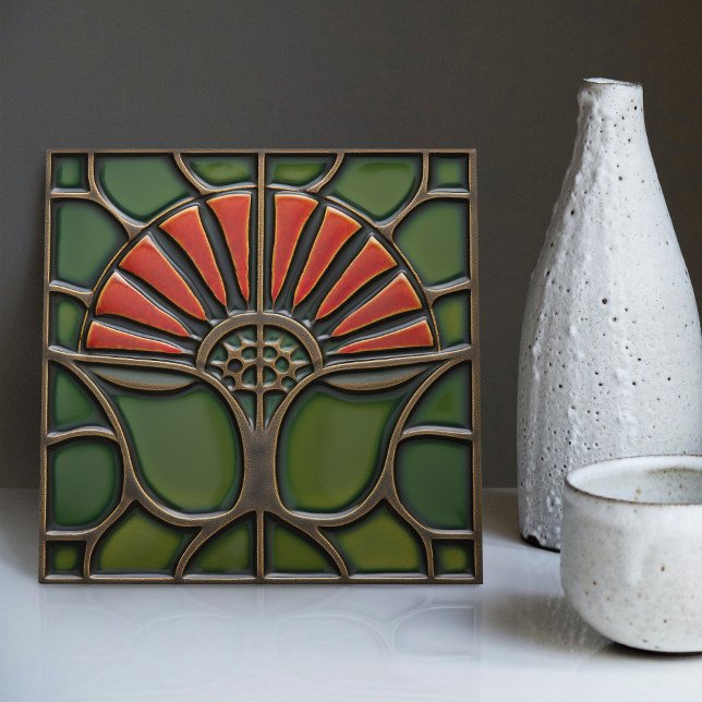 Red Flower Mid-Century Symmetry Arts and Crafts Ceramic Tile (Creator Uploaded)
