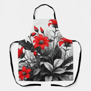 Red Flower On Black White Plant Apron