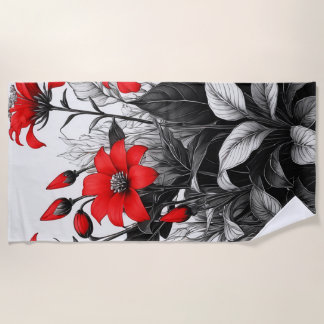 Red Flower On Black White Plant  Beach Towel