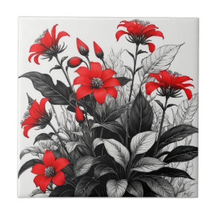 Red Flower On Black White Plant  Ceramic Tile
