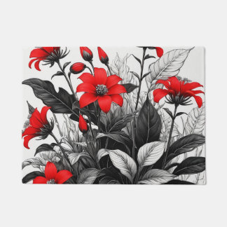 Red Flower On Black White Plant  Doormat