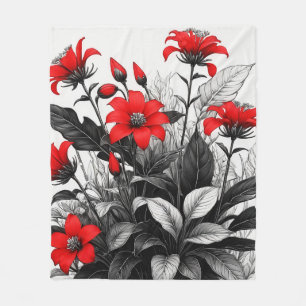 Red Flower On Black White Plant Fleece Blanket