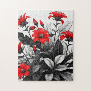 Red Flower On Black White Plant  Jigsaw Puzzle