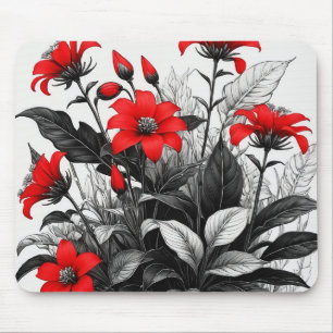 Red Flower On Black White Plant Mouse Pad