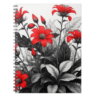 Red Flower On Black White Plant  Notebook