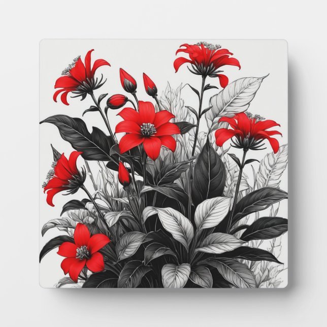 Red Flower On Black White Plant  Plaque (Front)