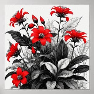 Red Flower On Black White Plant  Poster