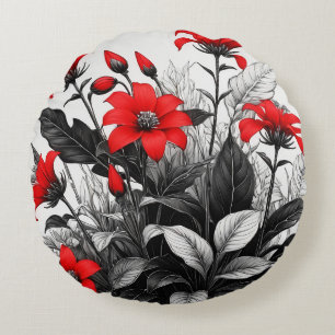 Red Flower On Black White Plant  Round Cushion